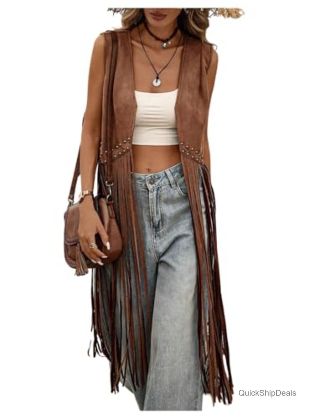 Faux Suede Fringe Vest Studded Sleeveless Western Concert Outfit